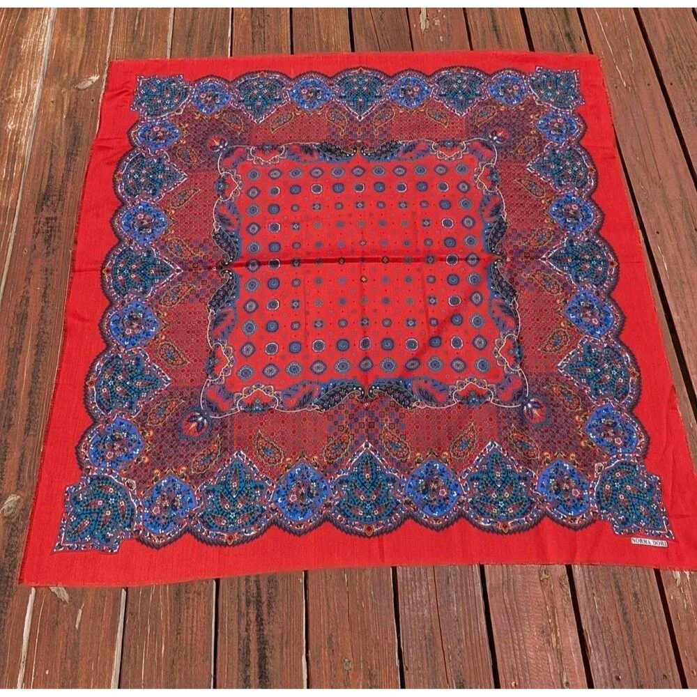 Vintage Paisley Scarf LARGE Norma Dori Red Bandana Print Square Wrap Retro 46